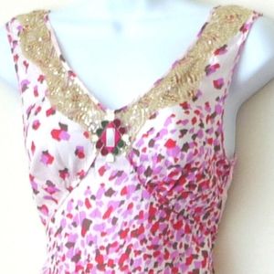 Pink Silk Floral Abstract Tunic Dress Size 6 Sequins Netting Details Sleeveless